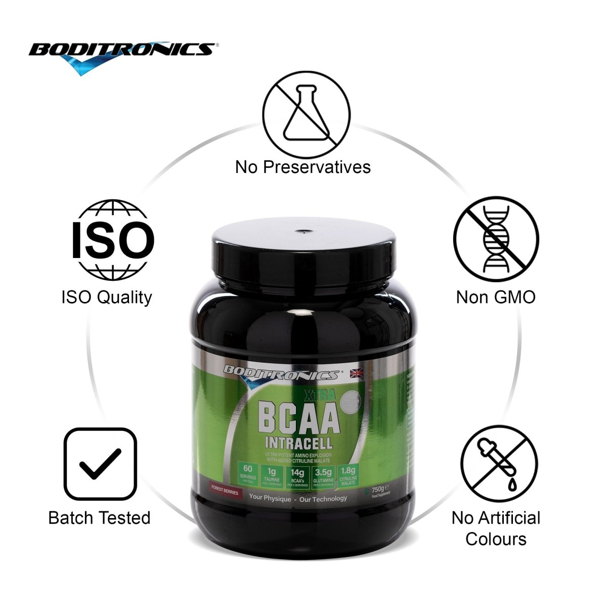 Boditronics BCAA Intracell Xtra, No preservatives, Non GMO, No artificial colours, batch tested and ISO quality