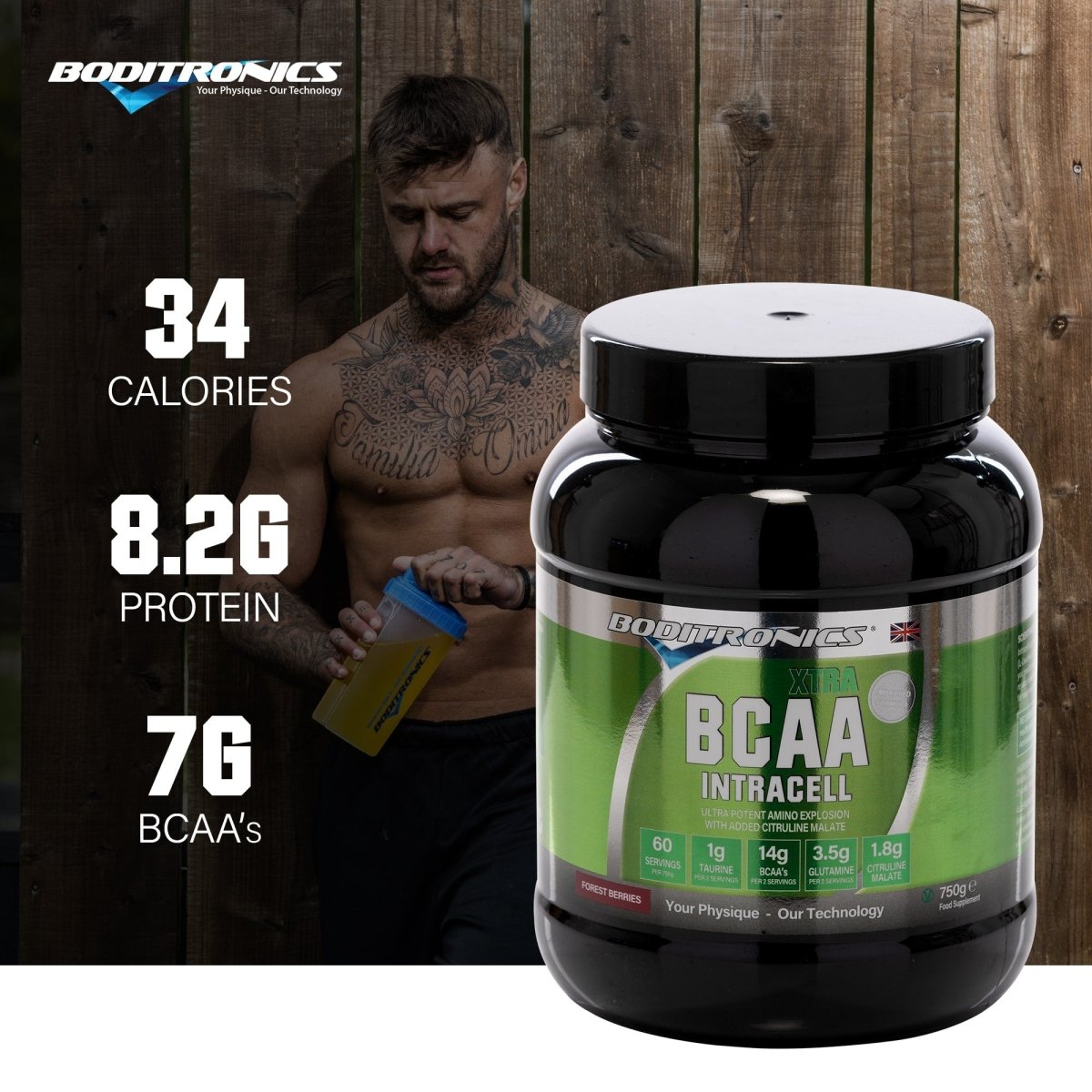 Boditronics BCAA Intracell Xtra 34 Calories, 8.2g Protein, 7g BCAA's