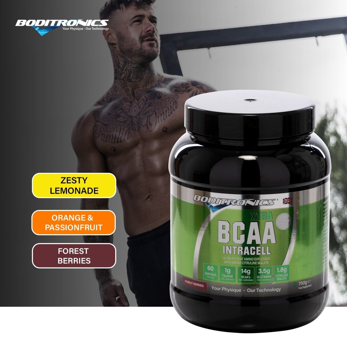 Boditronics BCAA Intracell Xtra Flavours Zesty Lemonade, Orange and Passion Fruit, Forest Berries 