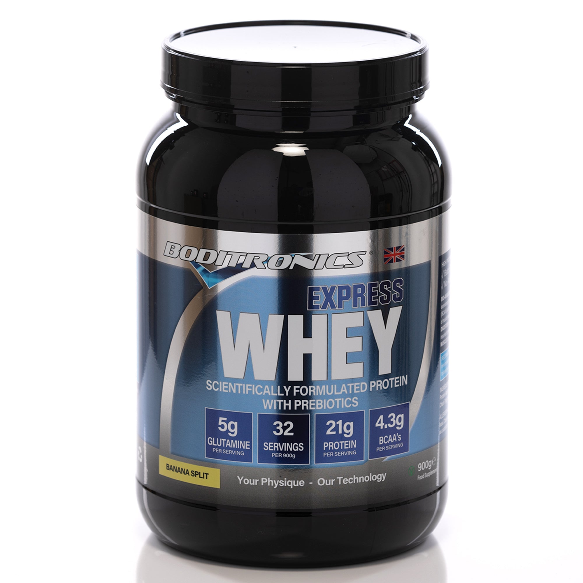 Boditronics Banana Split Flavour Express Whey tub front