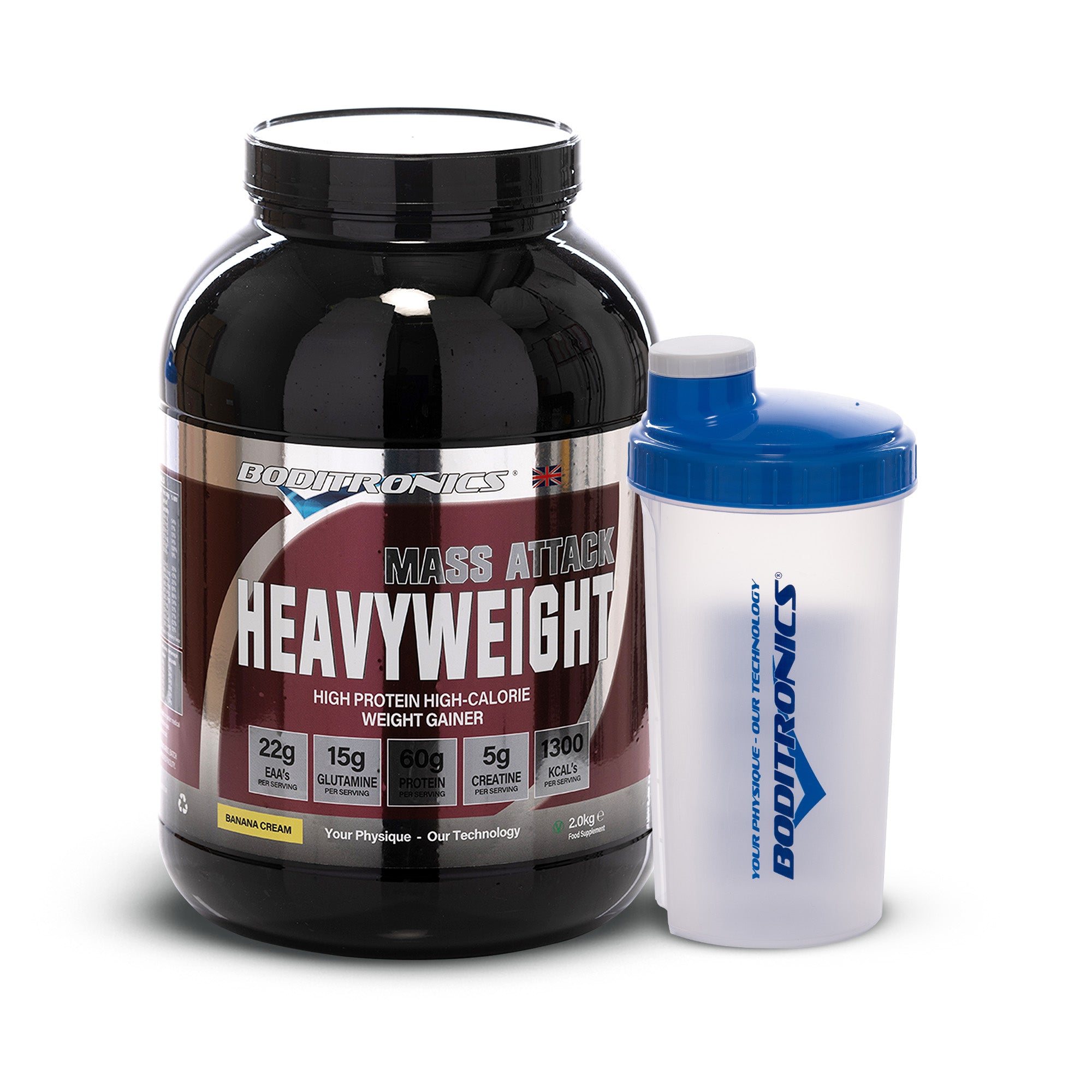 Boditronics Mass Attack Heavyweight 2kg Tub with Boditronics Shaker Bottle 