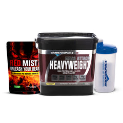 Boditronics Mass Attack Heavyweight 6kg Banana Cream Flavour with Red Mist Apple Burst Flavour Pouch and Shaker