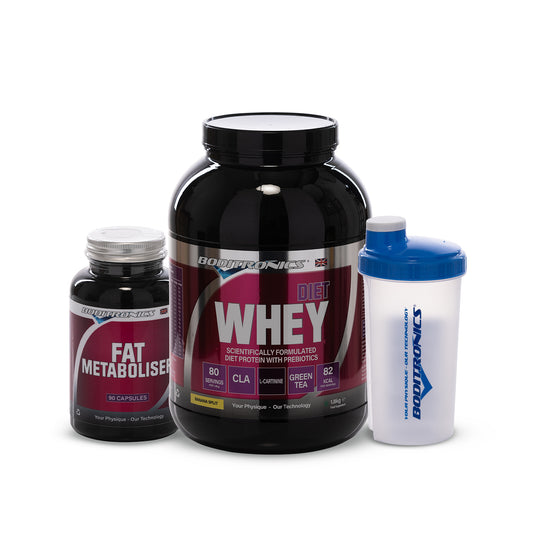 Boditronics Diet Whey 1.8kg Banana Split Bundle with Fat Metaboliser and Shaker 