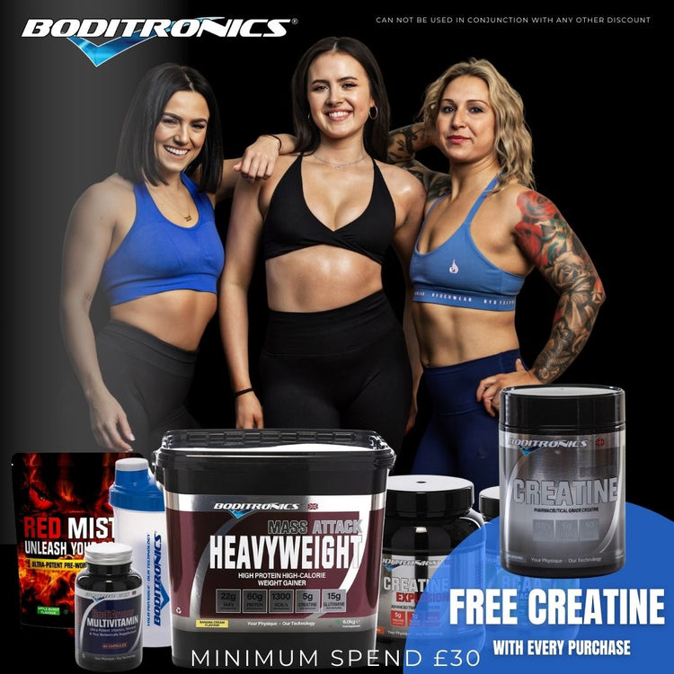 Three women posing with Boditronics supplement products on a black background