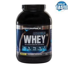 A large black container of Boditronics Anabolic Whey Protein, a lean gainer. . Key benefits, High protein, 5g creatine, only 1.1g of carbs per serving. The container size is 2.5kg.