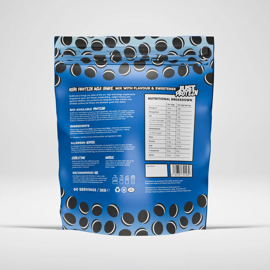 Boditronics Just Protein 2kg Cookies and Cream back of pouch