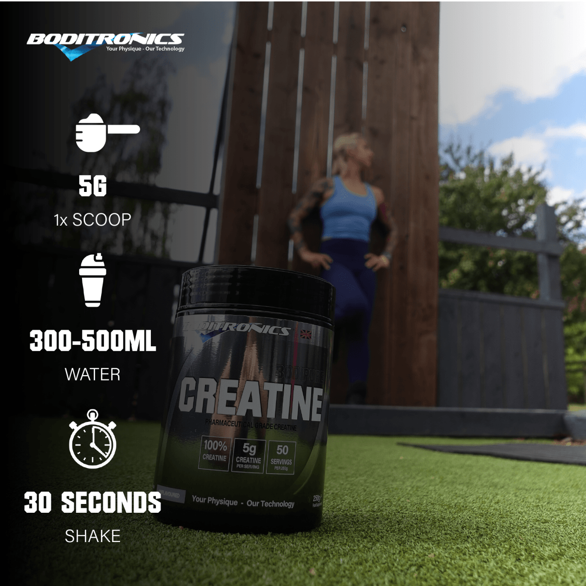 Boditronics Bodipure Creatine Mixing instructions 5g scoop with 300ml water shake for 30 seconds 