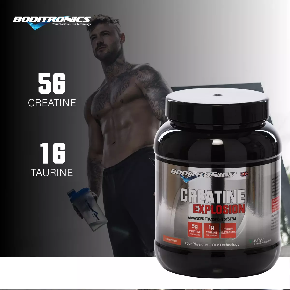 Boditronics Creatine Explosion Fruit Punch 900g 5g Creatine 1g Taurine 