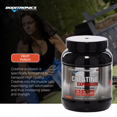 Boditronics Creatine Explosion Fruit Punch 900g specifically formulated to transport creatine into muscle cells increasing power and strength