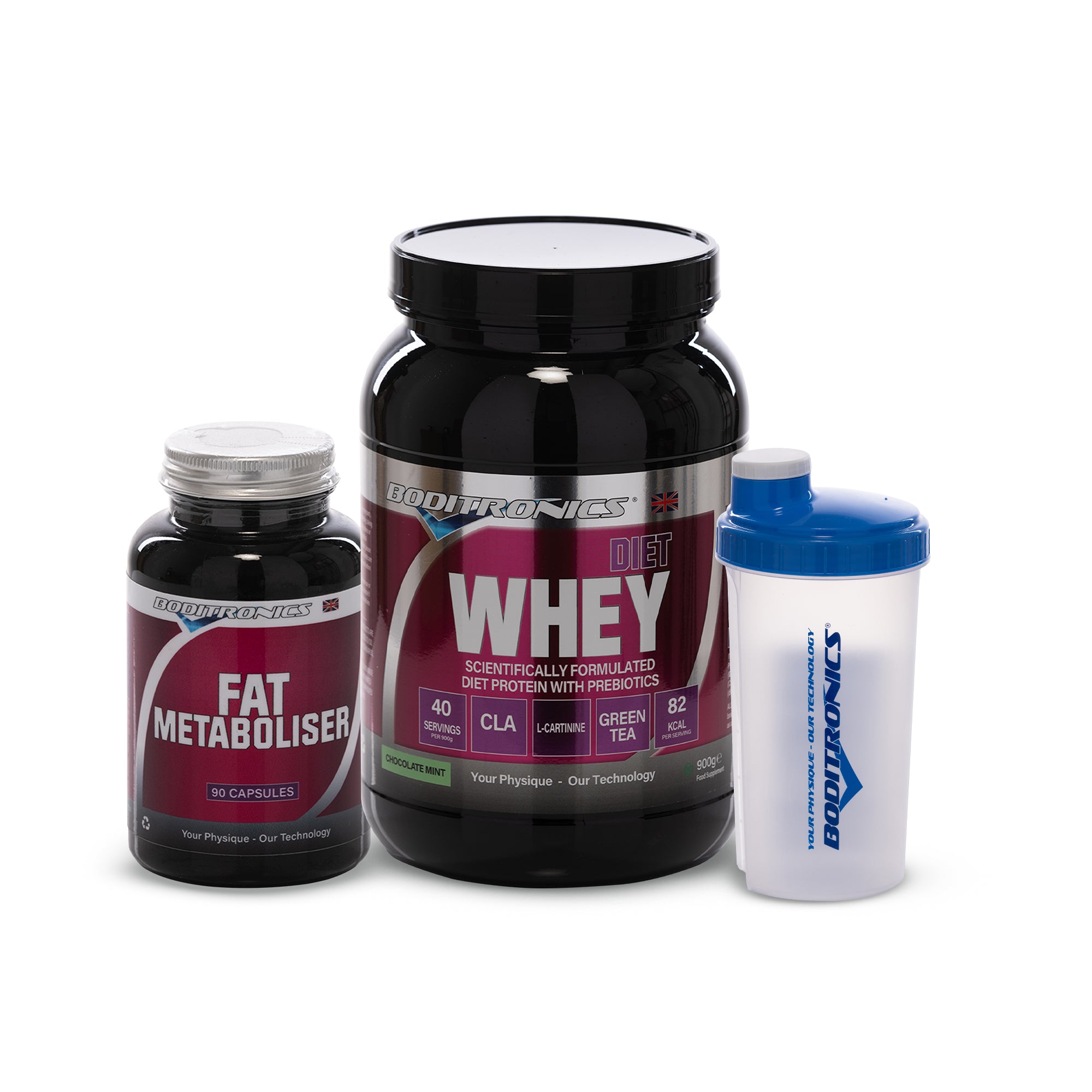 Boditronics Diet Whey 900g Chocolate Mint Bundle with Fat Metaboliser and Shaker 