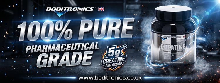 Boditronics 100% Pure Pharmaceutical Grade Creatine supplement jar on a dark, electric blue and black promotional background with text overlays.