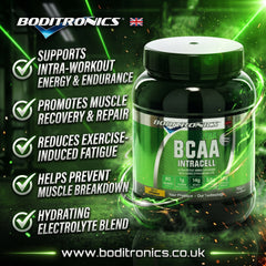 A high-energy green marketing graphic for Boditronics XTRA BCAA Intracell (intra-workout) supplement. A large 750g black tub with a green label sits on the right, surrounded by glowing green light and sparks. On the left, five benefits are listed with glowing checkmarks: Supports intra-workout energy & endurance, promotes muscle recovery & repair, reduces exercise-induced fatigue, helps prevent muscle breakdown, and hydrating electrolyte blend. 