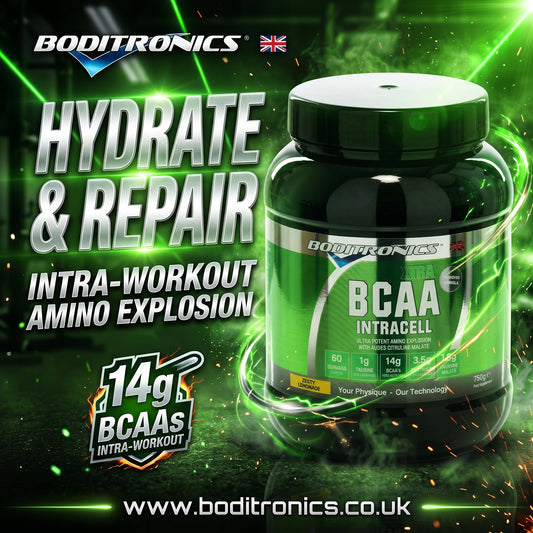 Boditronics BCAA Intracell supplement tub in green and black packaging, shown with large promotional text reading 'Hydrate & Repair' and 'Intra-Workout Amino Explosion' on a dark green graphic background.