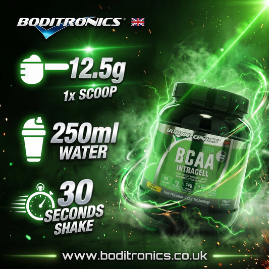 A vibrant, dark green marketing graphic featuring preparation instructions for Boditronics XTRA BCAA Intracell. On the right, a large black supplement tub with a green and silver label is surrounded by intense green lightning and smoke-like effects. On the left, three preparation step callouts are shown with glowing white and green text and icons: a scoop icon with "12.5g 1x SCOOP", a shaker bottle icon with "250ml WATER", and a timer icon with "30 SECONDS SHAKE". The metallic "BODITRONICS" logo with a UK