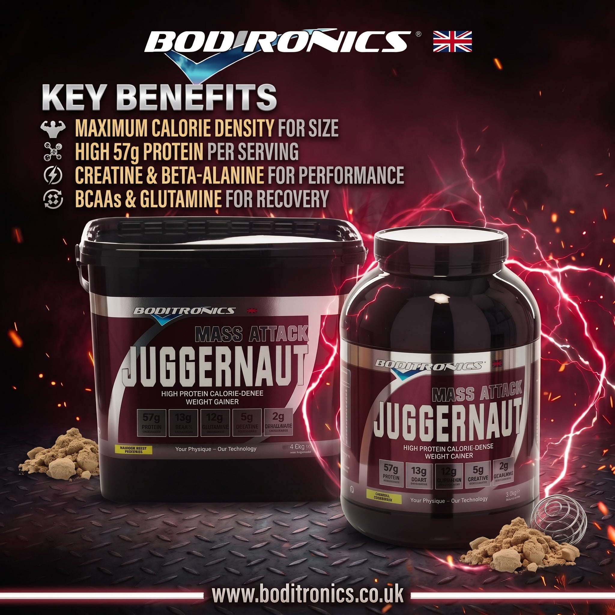 Two BODIRONICS Juggernaut high protein calorie dense weight gainers containers, a tub and a jar, displayed on a dark textured background with lightning and embers. Key benefits text is shown on the left, and the website bodironics.