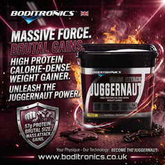 A promotional product graphic for a tub of Boditronics Juggernaut high protein calorie-dense weight gainer powder. The black tub is shown prominently on the right, with fiery effects and text on the left describing the product as 'Massive Force.