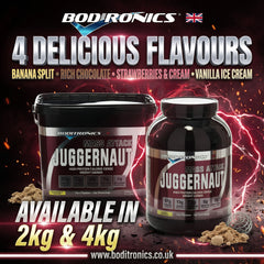Bodironics Juggernaut Mass Attack weight loss gainer powder in two containers: a 2kg tub and a 4kg jar. The products are shown against a dark, dramatic background with lightning and embers, with text highlighting four delicious flavors: Banana Split, Rich Chocolate, Strawberries & Cream, and Vanilla Ice Cream.