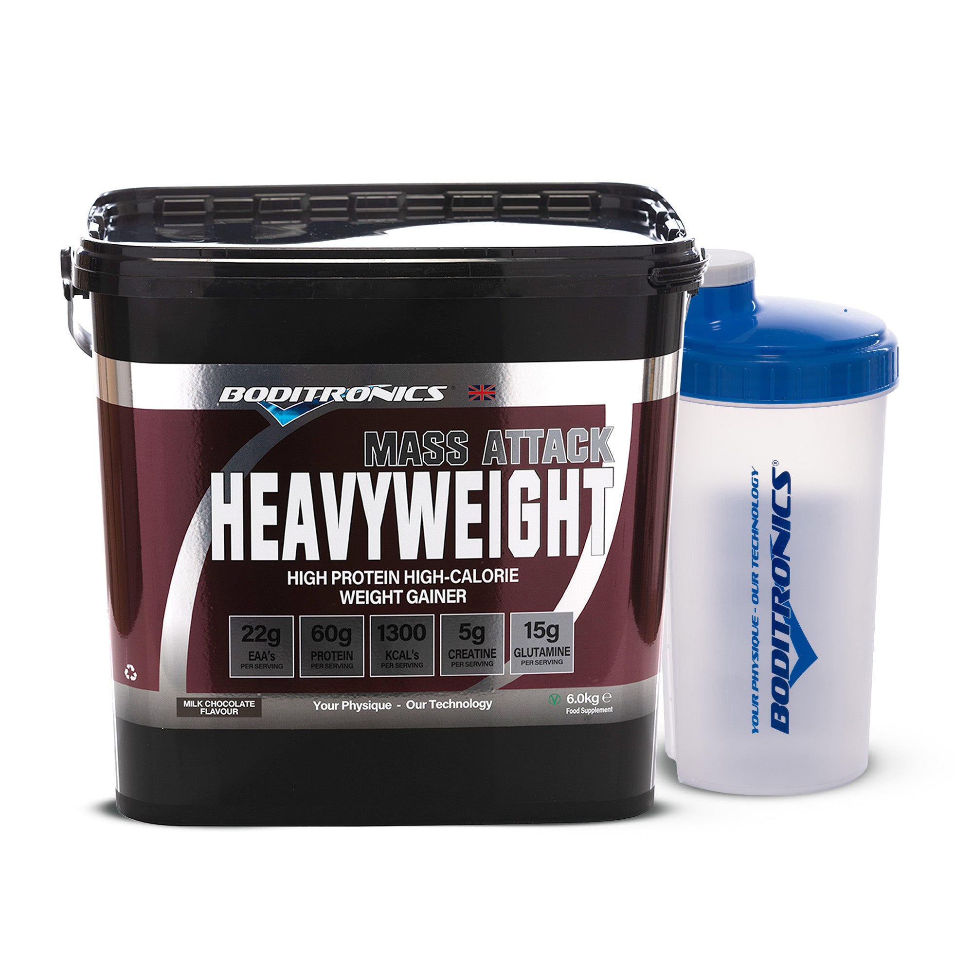 Boditronics Black Tub of Mass Attack Heavyweight, Milk Chocolate flavour, size 6kg and Boditronics Clear and Blue shaker bottle