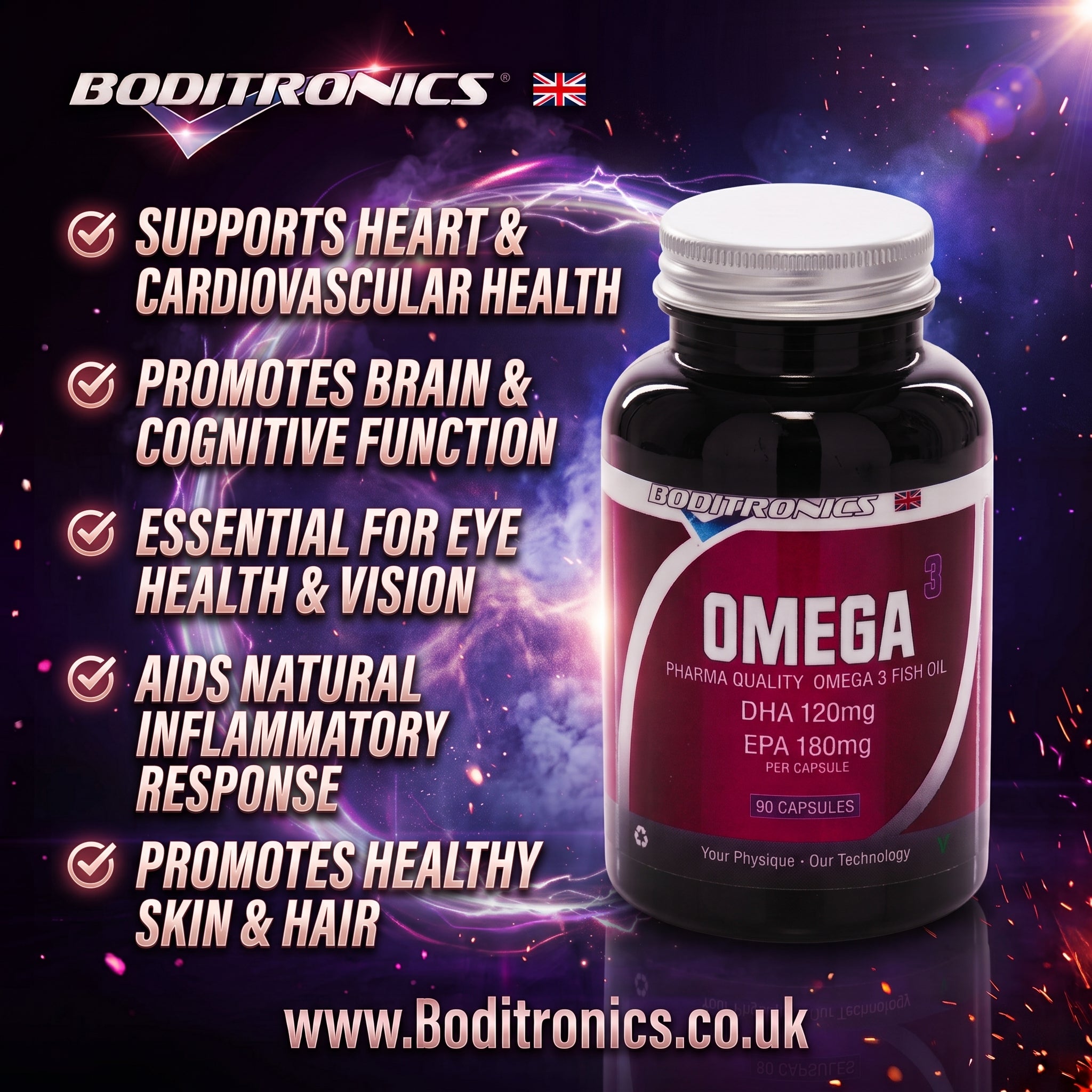 A high-energy promotional graphic for Boditronics Omega 3 Fish Oil on a dark, vibrant pink and purple cosmic background with sparkling light and electric swirls. On the right, the maroon and black "Omega Pharma Quality Omega 3 Fish Oil" bottle (90 capsules, DHA 120mg, EPA 180mg) is displayed prominently with its silver cap. On the left, five benefits are listed with checkmark icons in bold white and rose-gold typography: "Supports Heart & Cardiovascular Health," "Promotes Brain & Cognitive Function," "Essen