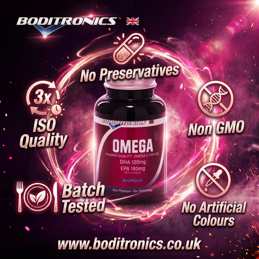 A dark, cinematic marketing graphic featuring a maroon and black bottle of Boditronics Pharma Quality Omega 3 Fish Oil in the center, framed by a swirling pink and magenta circular electric energy ring with sparks. The "BODITRONICS" logo with a UK flag is at the top, and "www.boditronics.co.uk" is at the bottom. Around the bottle are five circular Quality and Purity icons in glowing pink and white: "No Preservatives" (top, capsule icon), "3x ISO Quality" (middle-left, clock/circular loop icon), "Non GMO" (m