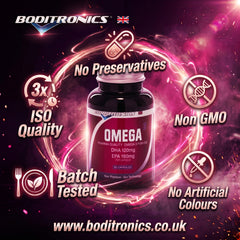 A dark, cinematic marketing graphic featuring a maroon and black bottle of Boditronics Pharma Quality Omega 3 Fish Oil in the center, framed by a swirling pink and magenta circular electric energy ring with sparks. The "BODITRONICS" logo with a UK flag is at the top, and "www.boditronics.co.uk" is at the bottom. Around the bottle are five circular Quality and Purity icons in glowing pink and white: "No Preservatives" (top, capsule icon), "3x ISO Quality" (middle-left, clock/circular loop icon), "Non GMO" (m
