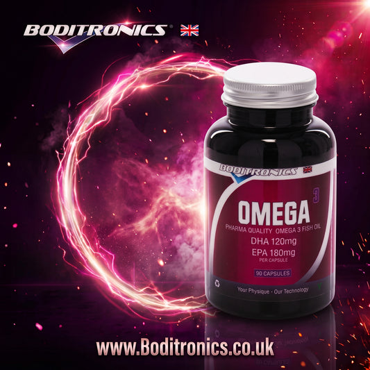 A bottle of Boditronics Omega dietary supplement oil, featuring a black bottle with a white cap and a dark red label, set against a dark purple background with a glowing pink energy ring and the website URL at the bottom.