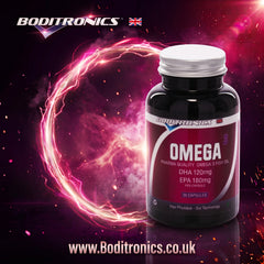 A bottle of Boditronics Omega dietary supplement oil, featuring a black bottle with a white cap and a dark red label, set against a dark purple background with a glowing pink energy ring and the website URL at the bottom.