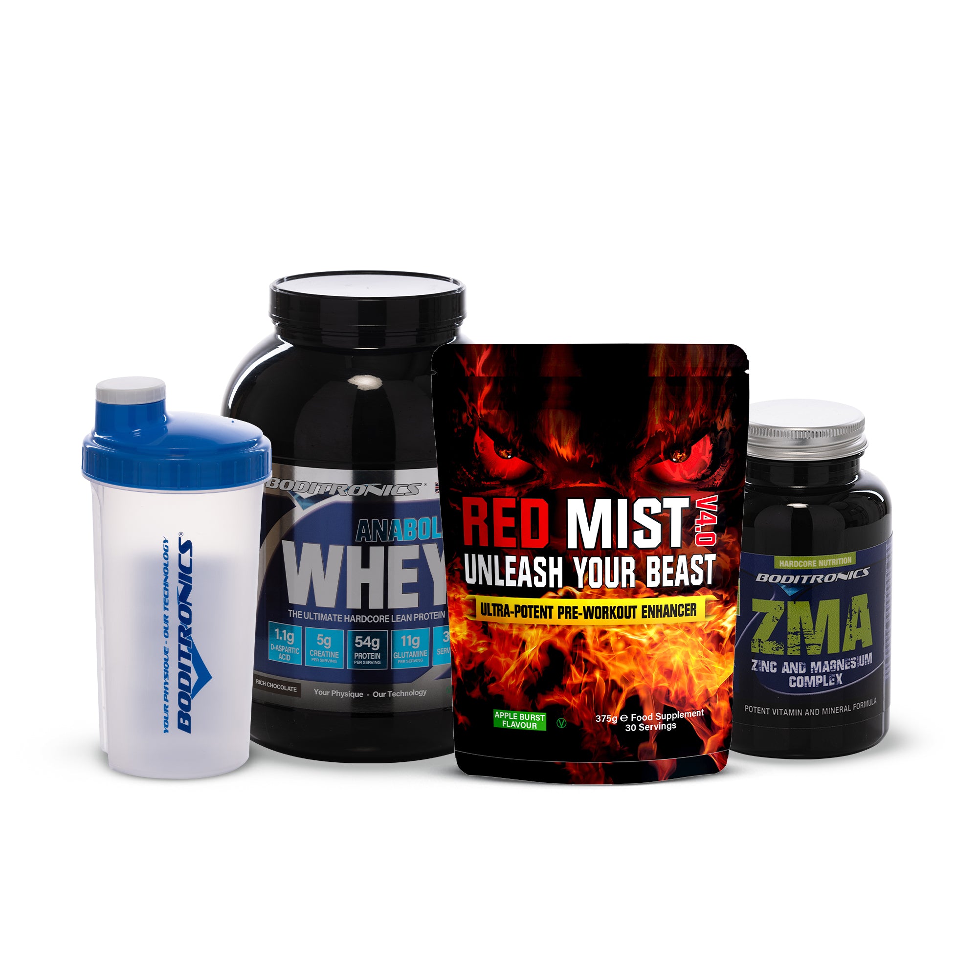 Boditronics Anabolic Whey Rich Chocolate Bundle With Red Mist Shaker and ZMA