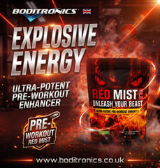 Promotional graphic for Boditronics Red Mist Pre-Workout in a black stand-up pouch with fiery red and orange flame graphics. Large text reads 'EXPLOSIVE ENERGY' and 'ULTRA-POTENT PRE-WORKOUT ENHANCER,' with the Boditronics brand name at the top and the website boditronics.