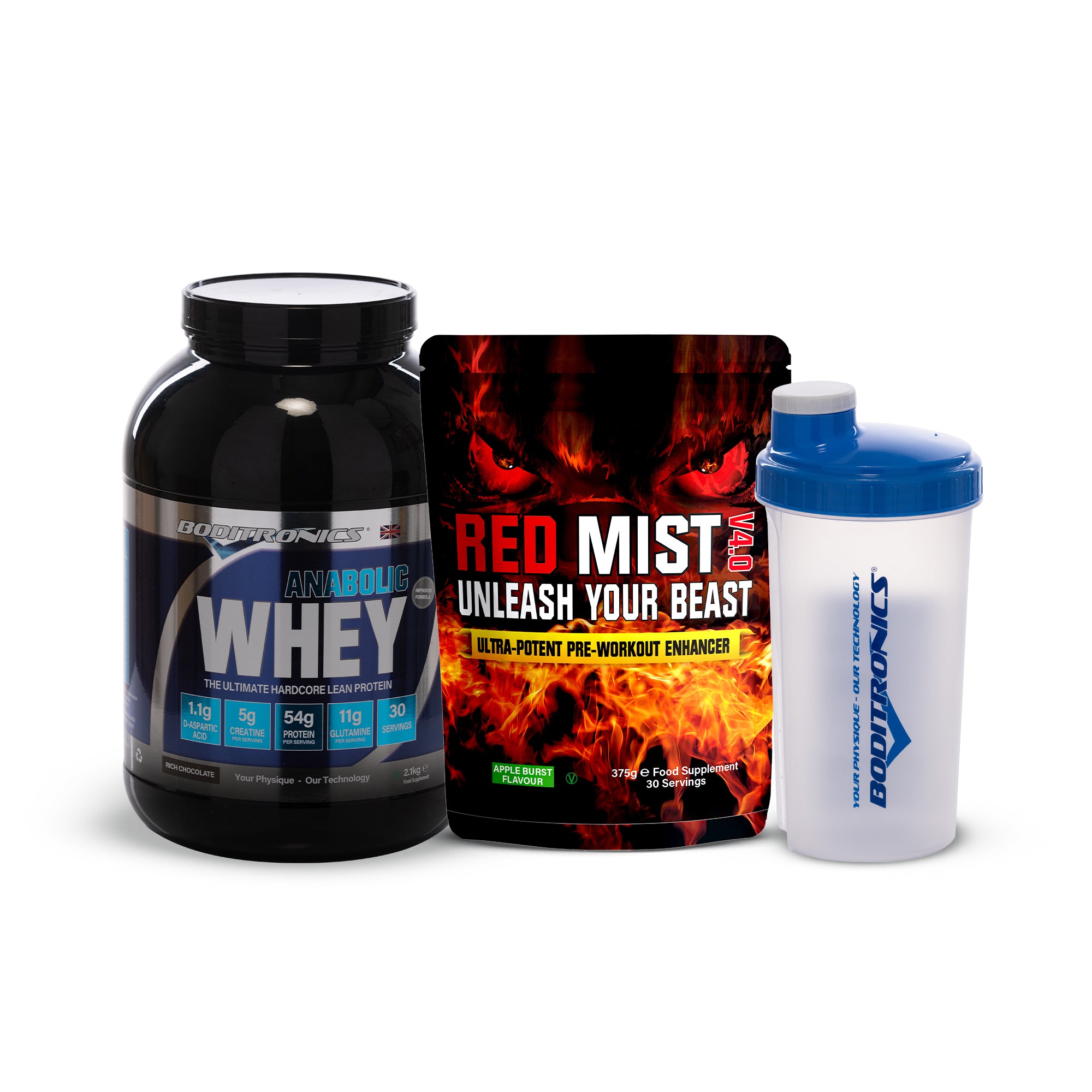 Boditronics Anabolic Whey Rich Chocolate Bundle With Red Mist Apple Burst and Shaker 