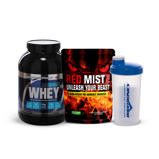 Boditronics Anabolic Whey Rich Chocolate Bundle With Red Mist Apple Burst and Shaker 