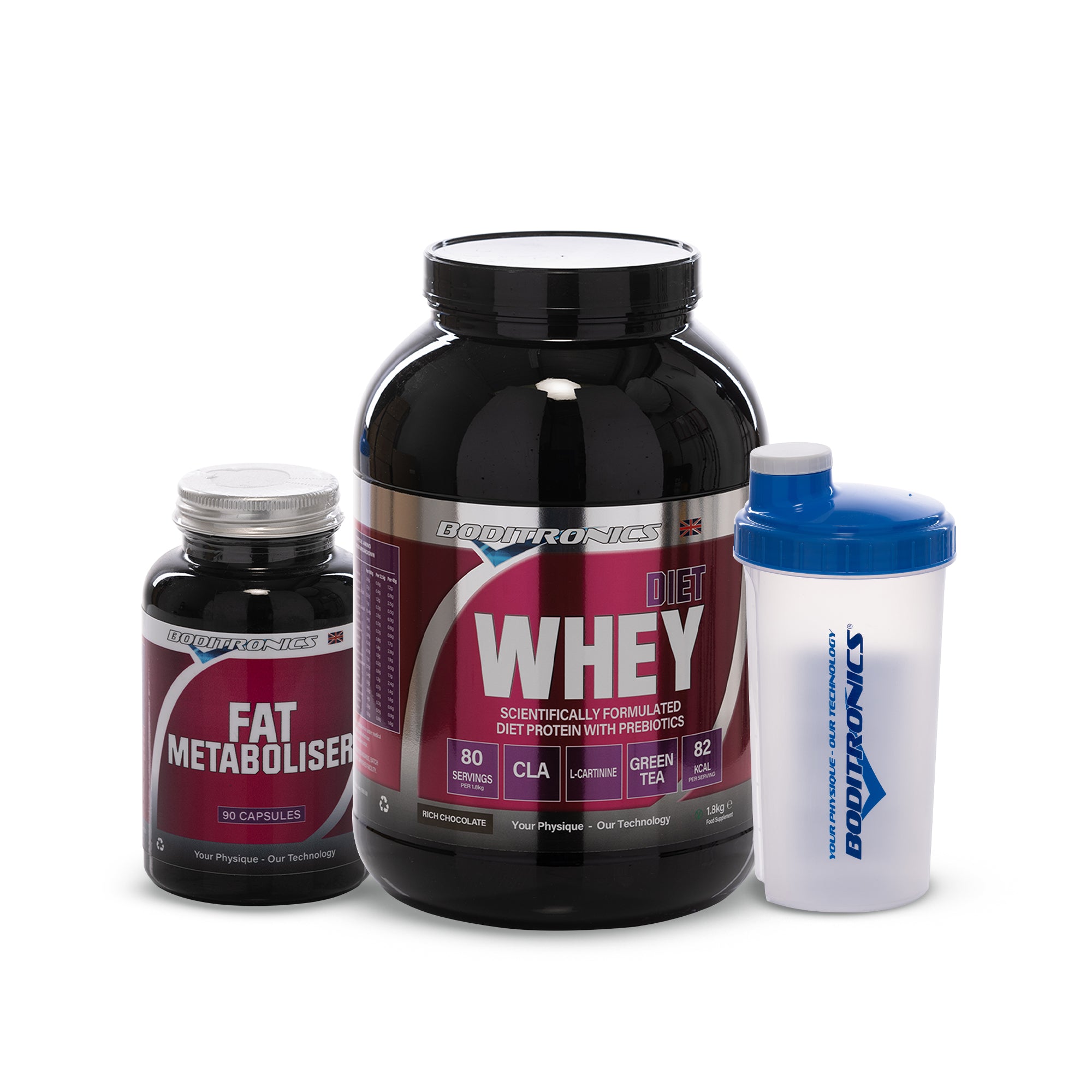 Boditronics Diet Whey 1.8kg Rich Chocolate Bundle with Fat Metaboliser and Shaker 