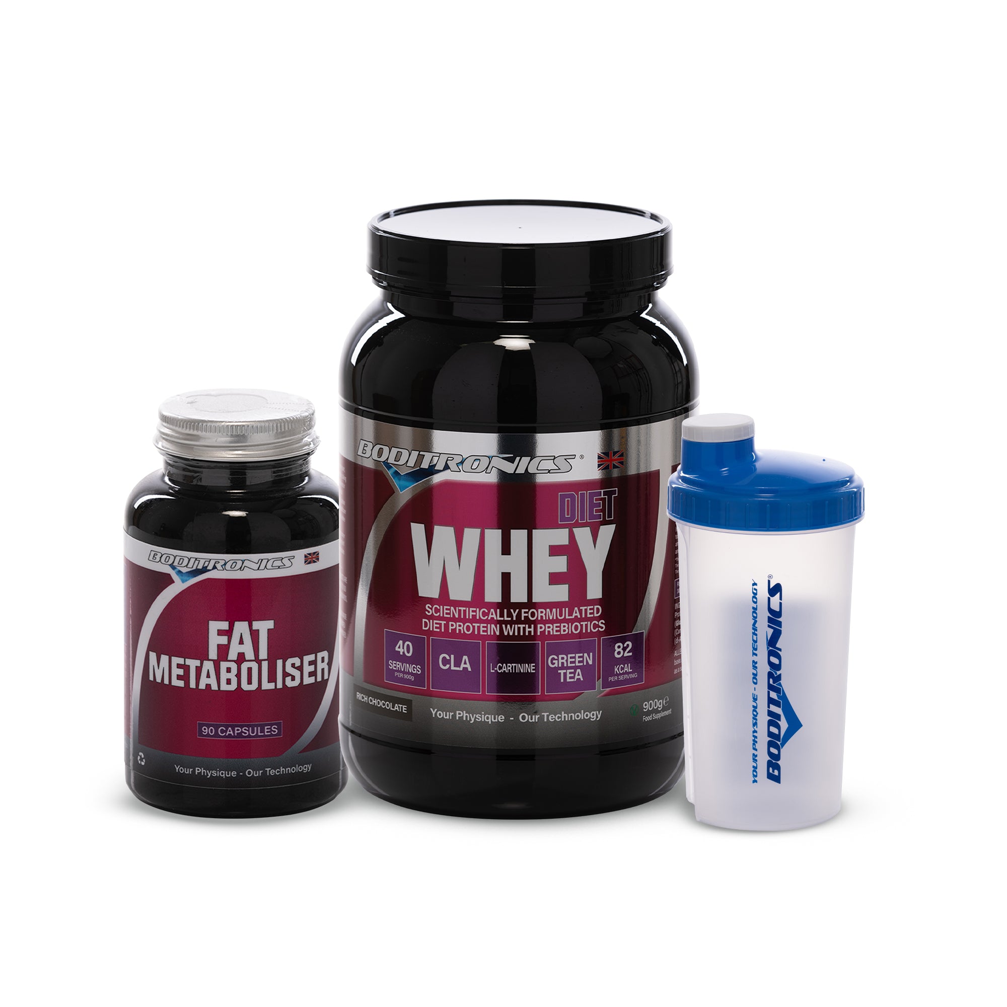 Boditronics Diet Whey 900g Rich Chocolate Bundle With at Metaboliser and Shaker 