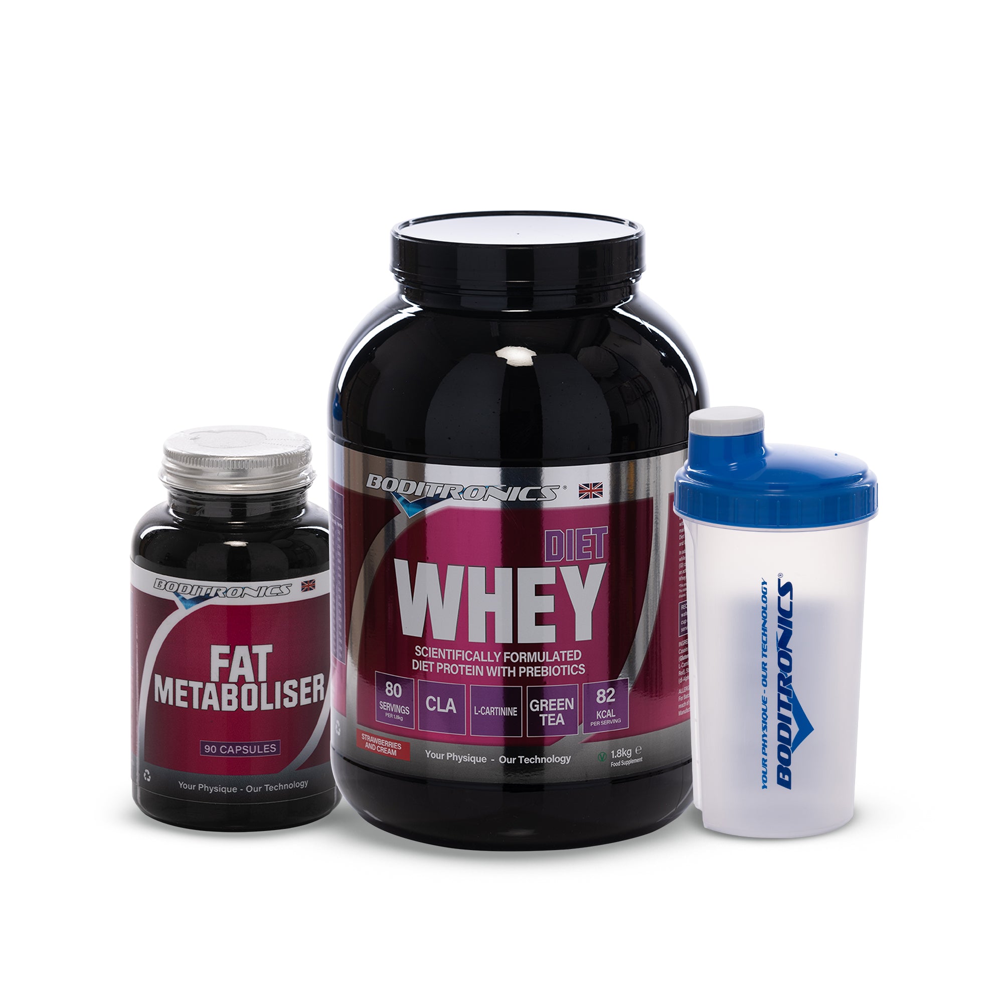 Boditronics Diet Whey 1.8kg Strawberries and Cream Bundle With Fat Metaboliser and Shaker 