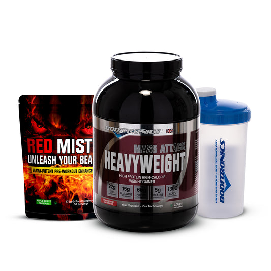 Boditronics Mass Attack Heavyweight Strawberries and Cream 2kg Bundle with Red Mist and Shaker 