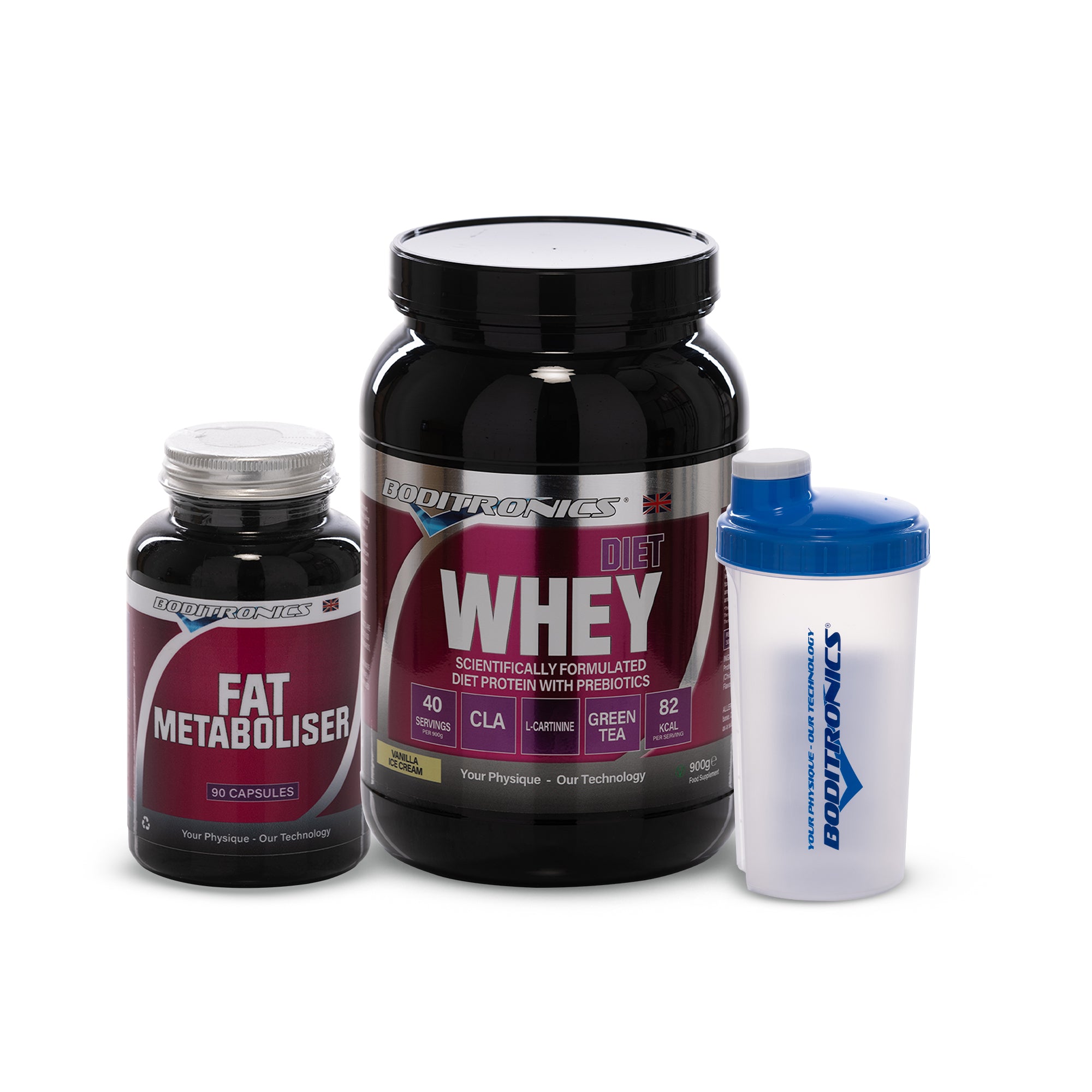 Boditronics Diet Whey 900g Vanilla Ice Cream Bundle With Fat Metaboliser and Shaker 