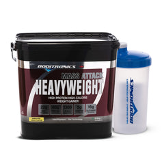 Boditronics Black Tub of Mass Attack Heavyweight, Vanilla ica cream flavour, size 6kg and Boditronics Clear and Blue shaker bottle