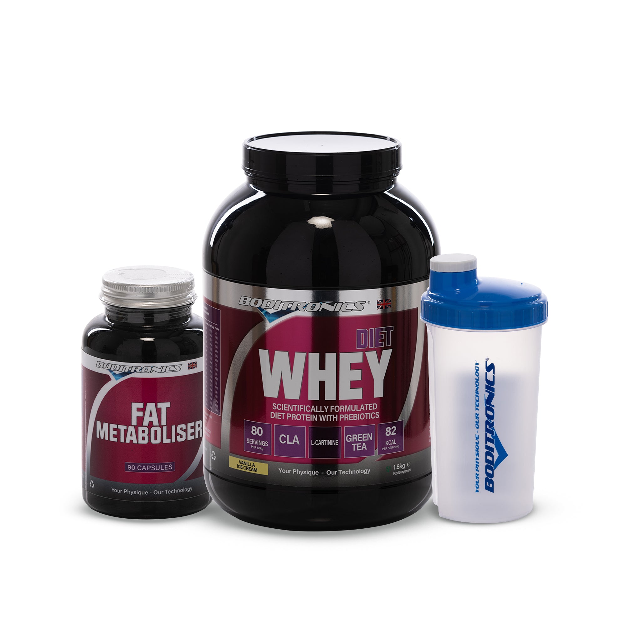 Boditronics Diet Whey 1.8kg Vanilla Ice Cream  Bundle With Fat Metaboliser and Shaker 