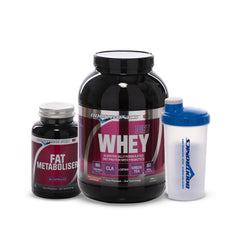 Boditronics Bundle Diet Whey 1.8kg White Chocolate and Raspberry Fat Metaboliser and Shaker 