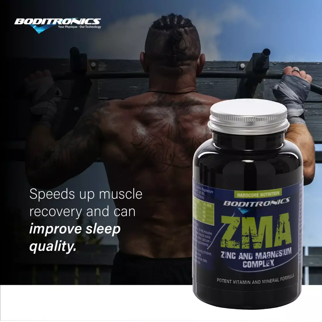 Boditronics ZMA Zinc Magnesium Complex Speeds up recovery can improve sleep quality 