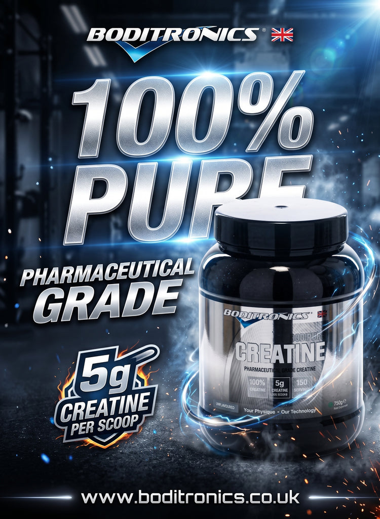 Boditronics 100% Pure Pharmaceutical Grade Creatine supplement jar on a dark, high-impact promotional background with blue lighting effects and text overlays.