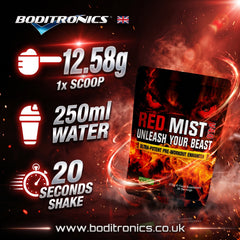 Boditronics Red Mist 100 pre-workout supplement pouch shown on a fiery black background with text reading 12.58g, 250ml water, and 20 seconds shake.